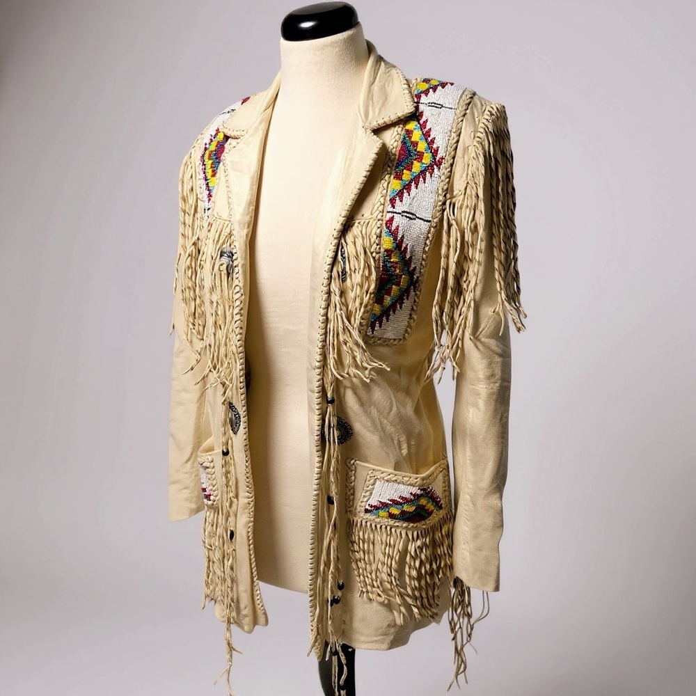 Vintage 70s/80s Arturo Chambers Handcrafted Leather Beaded Fringe Jacket - Picture 3 of 8
